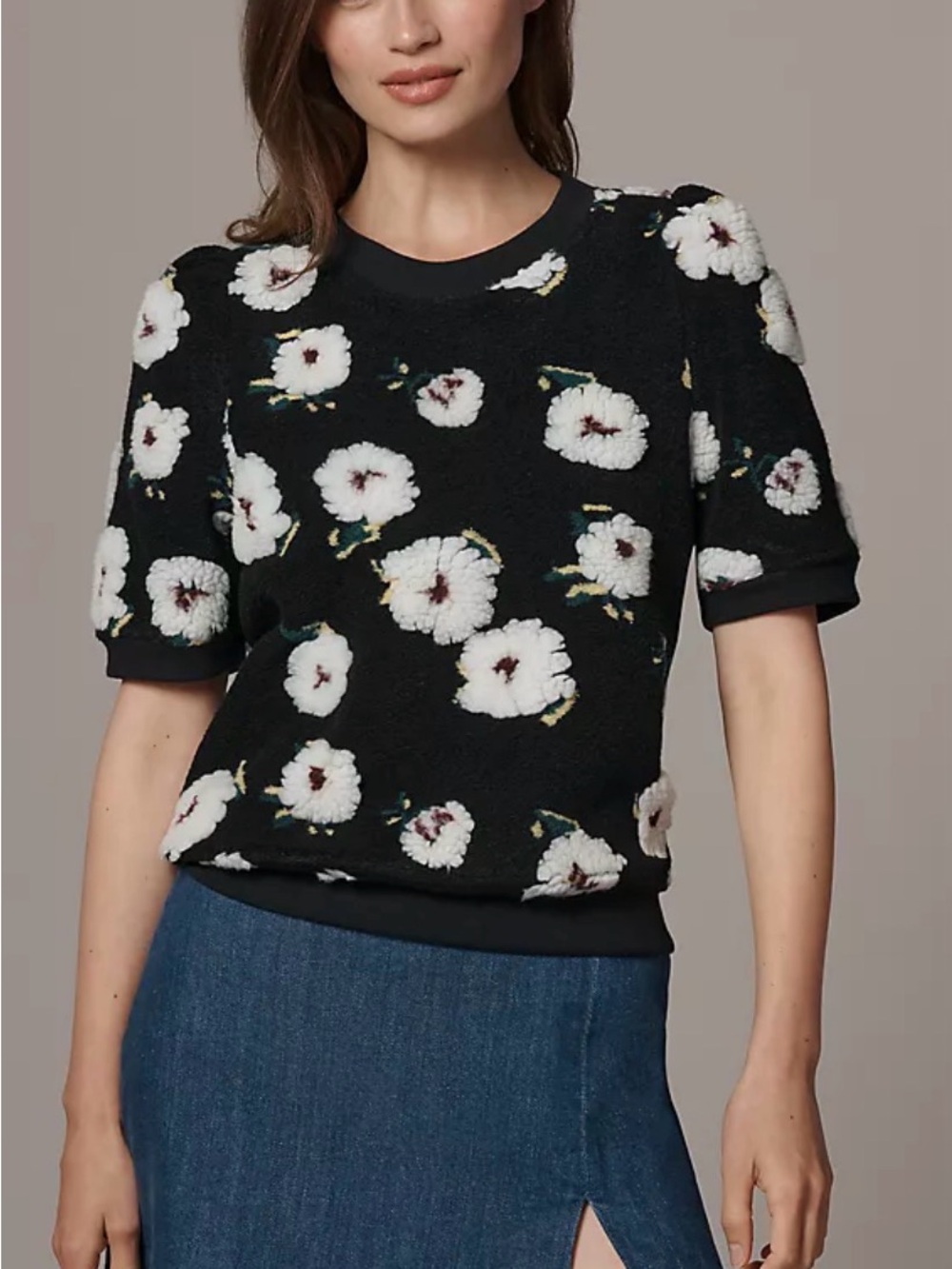 Black Floral Puff Sleeve Sweater - White Flower Print